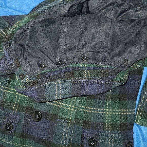American Eagle Wool Pea Coat Womens Medium Green Blue Plaid Button Pockets *READ - Picture 4 of 10